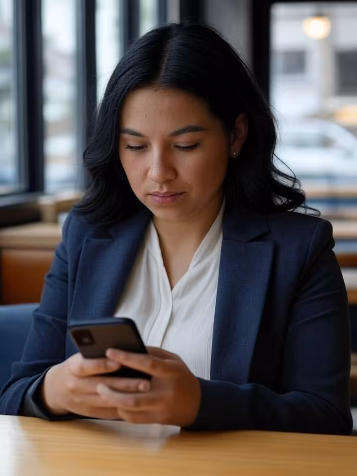Elegant young Guatemalan woman in smart casual attire at modern cafe, using smartphone, cosmopolitan