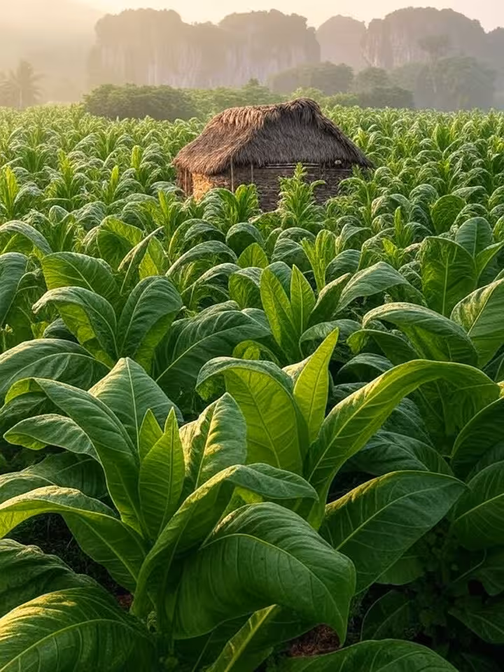 Lush green tobacco plantation fields with traditional palm-thatched drying barn, limestone mogotes r