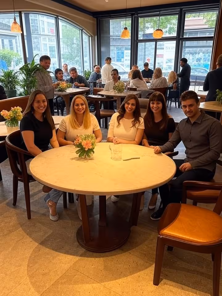 Interior de café ou restaurante latino-americano elegante com pessoas socializando, sofisticado, mas acolhedor