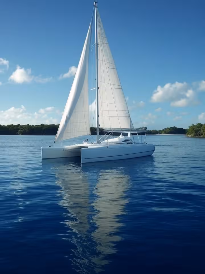 Catamarã navegando em águas calmas do Caribe, velas brancas contra o céu azul, ilha tropical ao fundo