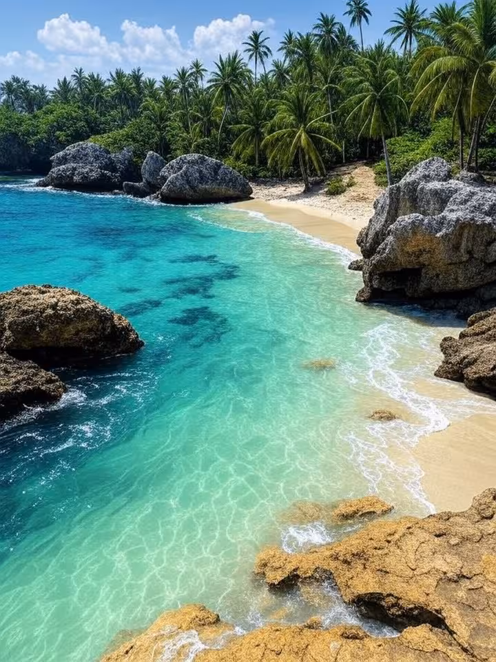 Secluded tropical beach cove in northern Peru with crystal clear turquoise water, natural rock forma