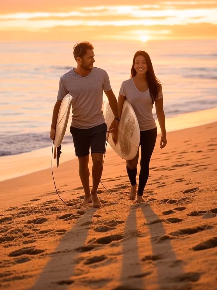 Golden hour beach scene with couple walking along shoreline, footprints in sand, surfboards under ar