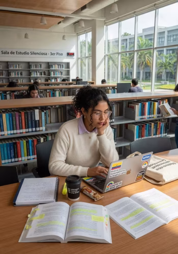 Young Latin American university student studying in a modern campus library with books and laptop, p