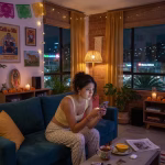 Qué hacer si un sugar daddy te presiona para algo que no quieres A young woman looking at her phone with a concerned expression, sitting alone in a modern Latin Amer