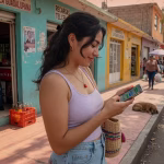 Cada cuánto escribirle a tu sugar daddy (sin ser intensa) Young latina woman checking smartphone with natural expression, casual outdoor setting in Latin Amer