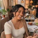 Errores de imagen que ahuyentan a los buenos sugar daddys Professional young Latin American woman taking a natural selfie in a modern cafe with warm afternoon