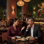 Temas de conversación que impresionan a un sugar daddy exitoso Elegant couple having sophisticated conversation at upscale Latin American restaurant, ambient light