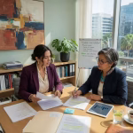 Sugar daddys que cambiaron vidas: testimonios de mentoring Professional Latin American businesswoman reviewing documents in modern office with mentor, natural