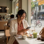 ¿Cuánto tiempo toma encontrar un sugar daddy? Expectativas realistas Young Latin American woman sitting at modern cafe table, focused on smartphone with subtle smile, na