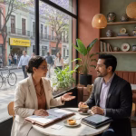 Machismo y sugar dating: rompiendo estereotipos en LATAM Modern Latin American couple having a respectful business conversation at an upscale cafe, professio