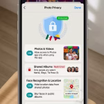 Fotos y privacidad: protege tu identidad en las apps Modern smartphone screen showing photo privacy settings interface, clean minimalist design, security