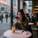 Cómo manejar los celos en las relaciones sugar Person sitting alone at cafe table looking at smartphone screen with worried expression, soft aftern