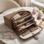 Qué llevar en tu bolso a una cita sugar (checklist) elegant woman's handbag open on marble table, organized compartments visible, soft natural lighting,