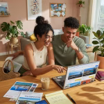 Cómo planificar tu primer viaje con un sugar daddy Modern couple planning vacation together looking at laptop, contemporary travel planning scene, warm
