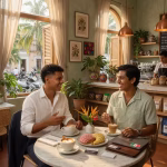 Sugar dating LGBTQ+ en Latinoamérica: guía completa Two young men having a coffee meeting in a modern upscale Latin American cafe, warm natural lighting