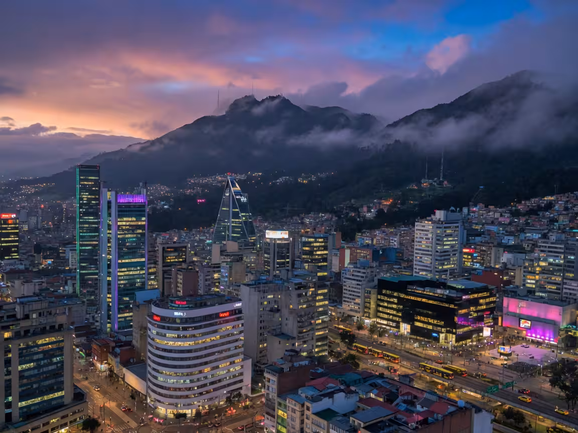 Modern Bogota cityscape showing Chapinero and Zona T districts, contemporary buildings against Andes