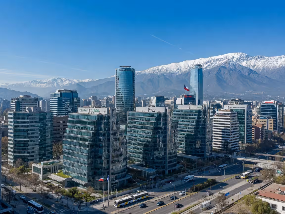 Sleek Santiago de Chile business district, Las Condes and Providencia modern towers, Andes mountains